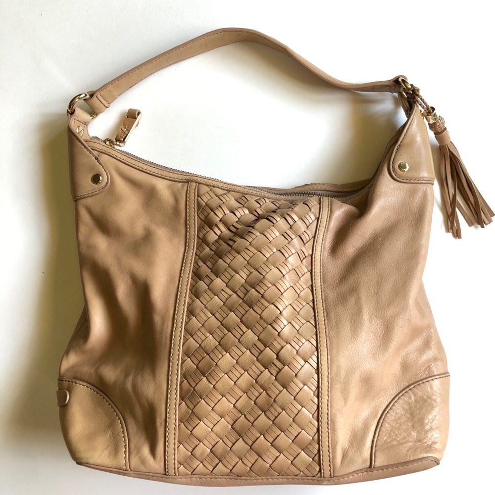 Cole Haan Basket Weave Ivory Leather Shoul…